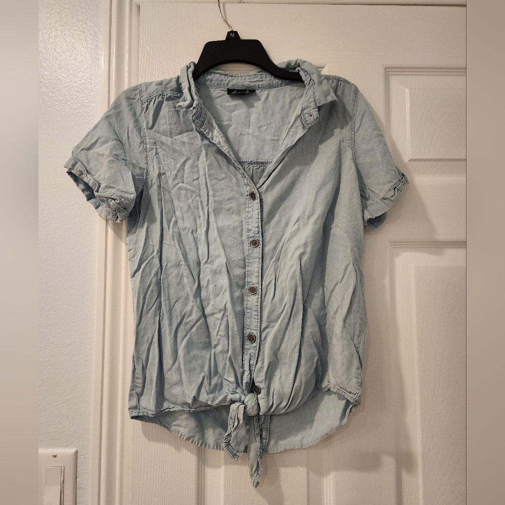 Blue Front Tie Button Down Blouse